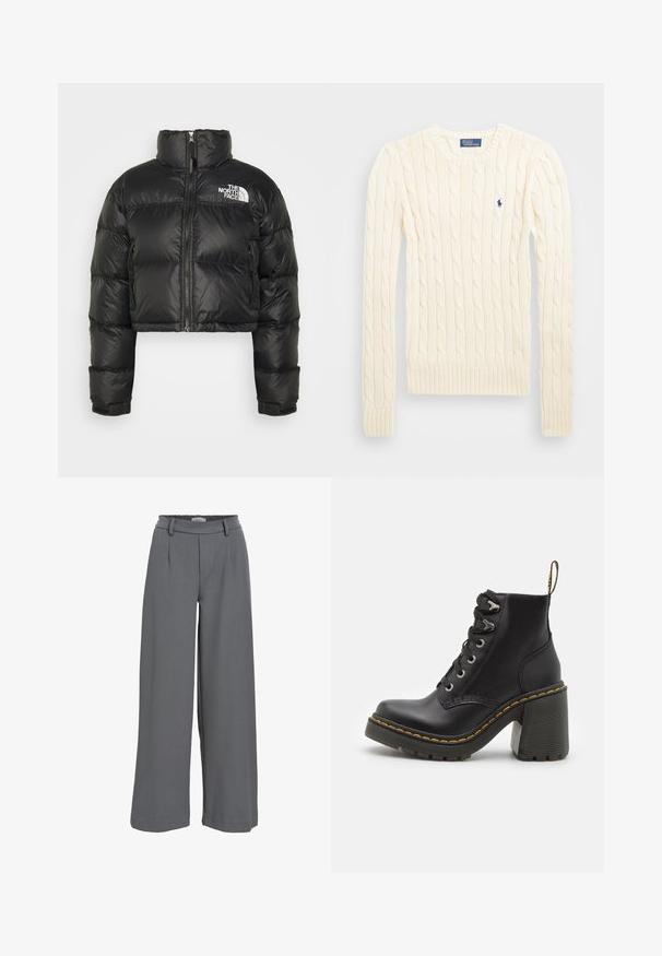 Svart avkortet pufferjakke med høy krage, glidelås foran og hvit logo på brystet. Den har polstrede seksjoner og elastiske mansjetter.; Kremfarget cable-knit genser med lange ermer, ribbede mansjetter og hem, med en liten brodert logo på venstre bryst.; Vidd brede bukser i lys gråt stoff, med en smocket midje, frontfalter og en glatt, myk tekstur.; Sorte svarte lær ankelstøvler med kraftig høy hæl, snøring foran, metallhull og gule sømmer langs sålen. Teksturert gummisåle.