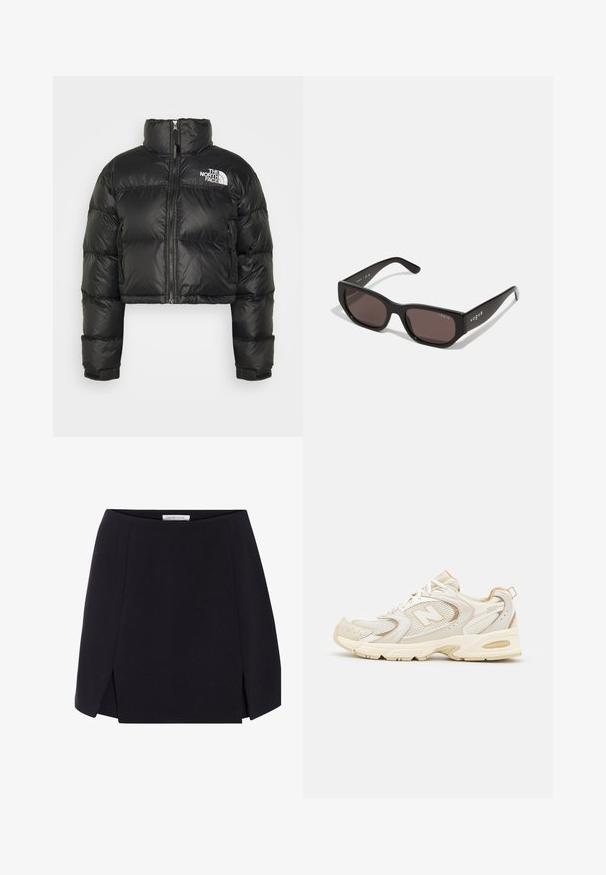 Schwarze, kurz geschnittene Pufferjacke mit hohem Kragen, Reißverschluss und weißem Logo auf der Brust. Sie hat gepolsterte Abschnitte und elastische Bündchen.; Schwarzer Rollkragenpullover aus weichem Strickstoff, mit langen Ärmeln und einem entspannten Schnitt. Glatte Textur ohne sichtbare Muster oder Akzente.; Schwarzer A-Linien-Rock mit glatter Textur, ausgestattet mit Seitenschlitzen und einem klaren, minimalistischen Design. Etikett sichtbar am Bund.; Beige Sportlichchuhe mit Mesh- und synthetischen Überzügen, mit einer strukturierten Oberfläche, gepolstertem Kragen und "ABZORB"-Dämpfung an der Ferse.; Schwarze rechteckige Sonnenbrille mit dunklen Gläsern. Verfügt über ein glattes Kunststoffgestell und ein Logo-Detail an den Bügeln. Sauberes, modernes Design.; Schwarze Ledertasche mit glatter Textur, strukturierter Form, goldenen Hardware-Elementen, oberen Griffen und abnehmbarem Schultergurt. Klappenverschluss vorne.