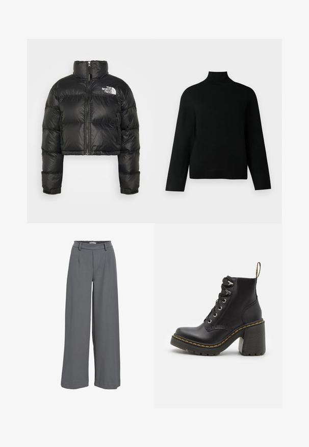 Schwarze, kurz geschnittene Pufferjacke mit hohem Kragen, Reißverschluss und weißem Logo auf der Brust. Sie hat gepolsterte Abschnitte und elastische Bündchen.; Schwarzer Rollkragenpullover aus weichem Strickstoff, mit langen Ärmeln und einem entspannten Schnitt. Glatte Textur ohne sichtbare Muster oder Akzente.; Helle graue weit geschnittene Hose aus einem weichen Stoff, mit einem smockierten Taillenbund, vorderen Falten und einer glatten, angenehmen Textur.; Schwarze Lederstiefelette mit einem klobigen hohen Absatz, Schnürung vorne, metallischen Ösen und gelben Nähten entlang der Sohle. Strukturierten Gummiaußensohle.