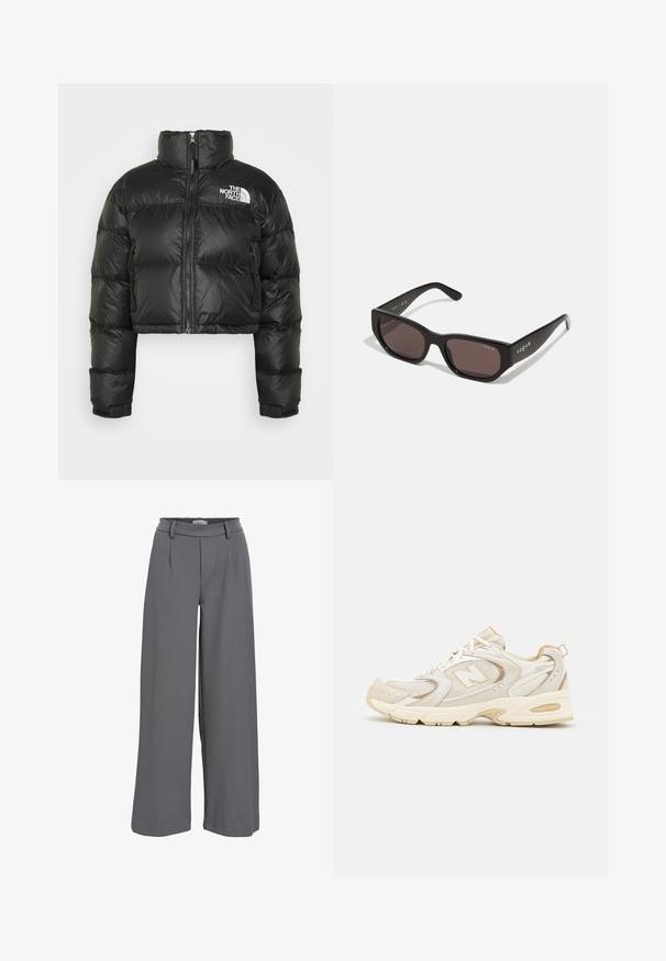 Zwarte cropped pufferjack met een hoge kraag, ritssluiting aan de voorkant en een wit logo op de borst. Bevat gewatteerde delen en elastische manchetten.; Zwarte coltrui van zacht breiwerk, met lange mouwen en een relaxte pasvorm. Gladde textuur zonder zichtbare patronen of accenten.; Wijdlopende broek van lichtgrijze stof, met een smocktail, voorplooien en een gladde, zachte textuur.; Beige sport schoenen met gaas- en synthetische overlays, voorzien van een textuur, een gevoerde kraag en "ABZORB" demping bij de hiel.; Zwarte rechthoekige zonnebril met donkere lenzen. Heeft een gladde kunststof montuur en logo-detail op de tempel. Strak, modern ontwerp.; Zwarte leren handtas met een gladde textuur, een gestructureerde vorm, gouden hardware, bovenhandvaten en een afneembare schouderriem. Klepsluiting aan de voorkant.