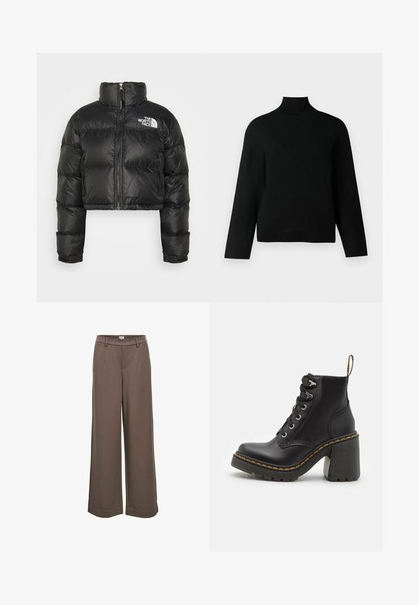 Veste en duvet noire courte avec un col haut, fermeture éclair à l'avant et logo blanc sur la poitrine. Elle comporte des sections rembourrées et des poignets élastiques.; Un pull col roulé noir en tricot doux, doté de manches longues et d'une coupe décontractée. Texture lisse sans motifs ou accents visibles.; Pantalons larges en tissu doux marron. Dotés d'une taille haute, de deux poches avant et d'une texture lisse avec un design décontracté.; Bottine en cuir noir avec un talon haut chunky, un laçage à l'avant, des œillets en métal et une couture jaune le long de la semelle. Semelle en caoutchouc texturé.