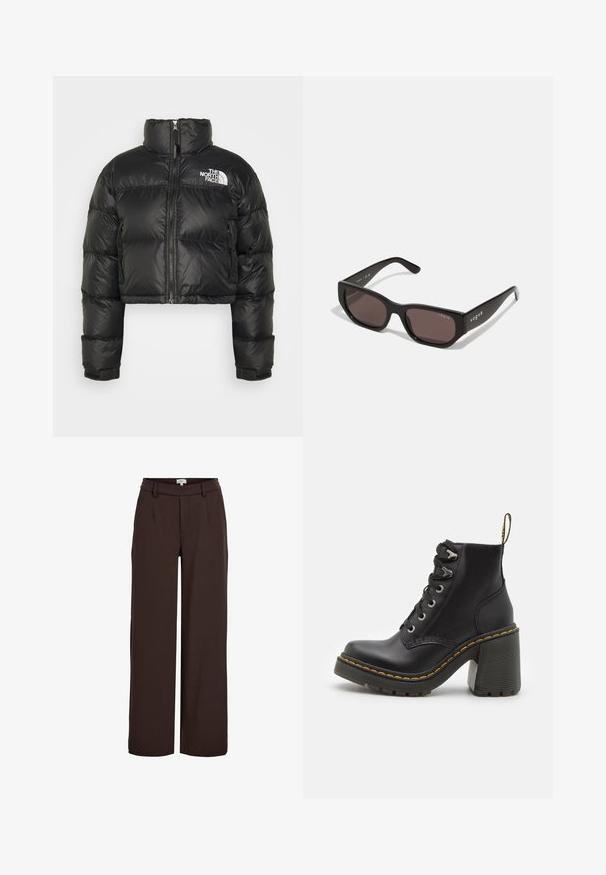 Veste en duvet noire courte avec un col haut, fermeture éclair à l'avant et logo blanc sur la poitrine. Elle comporte des sections rembourrées et des poignets élastiques.; Un pull col roulé noir en tricot doux, doté de manches longues et d'une coupe décontractée. Texture lisse sans motifs ou accents visibles.; Object OBJLISA WIDE - Pantalon classique - java; Bottine en cuir noir avec un talon haut chunky, un laçage à l'avant, des œillets en métal et une couture jaune le long de la semelle. Semelle en caoutchouc texturé.; Lunettes de soleil rectangulaires noires avec des verres sombres. Présentent une monture en plastique lisse et un logo sur la branche. Design épuré et moderne.