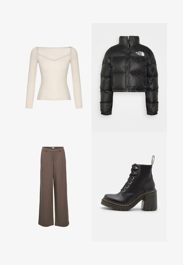 Czarna krótka kurtka puchowa z wysokim kołnierzem, zamkiem z przodu i białym logo na piersi. Posiada wyściełane sekcje i elastyczne mankiety.; Kardigany w paski, bluzka na ramiączkach w jasnym kolorze kremowym, z dopasowanym krojem i długimi rękawami. Dekolt w kształcie litery V podkreśla projekt.; Spodnie o szerokich nogawkach z miękkiego, brązowego materiału. Posiadają wysoki stan, dwie przednie kieszenie oraz gładką strukturę o swobodnym fasonie.; Czarne skórzane botki za kostkę z masywnym wysokim obcasem, sznurówką z przodu, metalowymi oczkami i żółtym przeszyciem wzdłuż podeszwy. Teksturowana gumowa podeszwa.