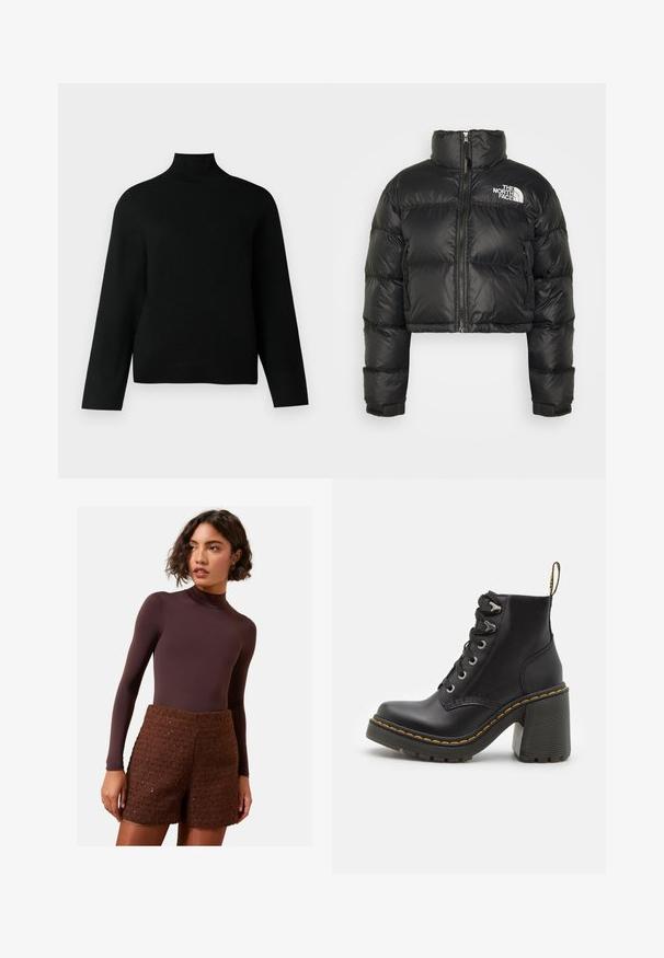 Veste en duvet noire courte avec un col haut, fermeture éclair à l'avant et logo blanc sur la poitrine. Elle comporte des sections rembourrées et des poignets élastiques.; Un pull col roulé noir en tricot doux, doté de manches longues et d'une coupe décontractée. Texture lisse sans motifs ou accents visibles.; Body marron à manches longues associé à des shorts en maille marron texturée. Le body a un col haut, tandis que les shorts présentent un design structuré.; Bottine en cuir noir avec un talon haut chunky, un laçage à l'avant, des œillets en métal et une couture jaune le long de la semelle. Semelle en caoutchouc texturé.