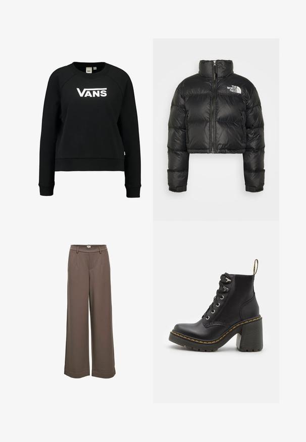 Cazadora acolchada negra y corta con cuello alto, cierre de cremallera en la parte delantera y logo blanco en el pecho. Presenta secciones acolchadas y puños elásticos.; Sudadera negra con cuello y puños de canalé. Presenta un destacado logo blanco de "VANS" en el pecho. Elaborada en tejido suave.; Pantalones de pierna ancha en una suave tela marrón. Presentan una cinturilla alta, dos bolsillos frontales y una textura suave con un diseño casual.; Botín de cuero negro con tacón alto grueso, parte delantera con cordones, ojales de metal y costura amarilla a lo largo de la suela. Suela exterior de goma texturizada.