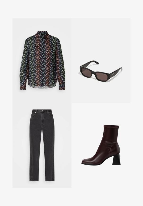 Giacca puffer nera cropped con alto colletto, chiusura frontale con zip e logo bianco sul petto. Presenta sezioni imbottite e polsini elastici.; Camicia nera con colletto, caratterizzata da un motivo geometrico ripetuto in verde, blu e arancione. Maniche lunghe, chiusura a bottoni sul davanti.; Jeans in denim nero a gamba dritta con vita alta, bottone e cerniera frontali, e cinque tasche su uno sfondo bianco.; Stradivarius BLOCK - Stivaletti - dark red; Occhiali da sole rettangolari neri con lenti scure. Presentano una montatura in plastica liscia e un dettaglio del logo sulla tempia. Design pulito e moderno.