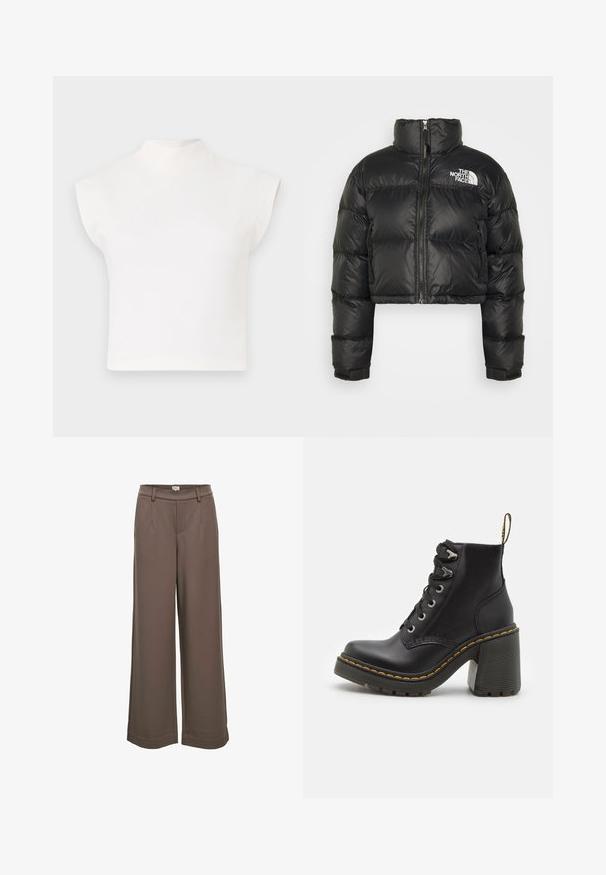 Zwarte cropped pufferjack met een hoge kraag, ritssluiting aan de voorkant en een wit logo op de borst. Bevat gewatteerde delen en elastische manchetten.; Witte cropped top met een hoge opstaande kraag en brede, hoekige mouwen. Gemaakt van zachte stof, zonder zichtbare patronen of versieringen.; Wijdvallende broek in een zachte, bruine stof. Kenmerken zijn een hoge tailleband, twee voorzakken en een gladde textuur met een casual ontwerp.; Zwarte leren enkelboot met een dikke hoge hak, vetersluiting aan de voorkant, metalen oogjes en gele stiksels langs de zool. Getextureerde rubberen zool.