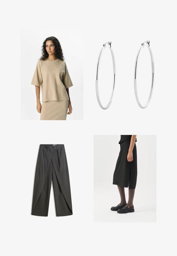 Black cropped puffer jacket with a high collar, zip front closure, and white logo on the chest. Features padded sections and elastic cuffs.; Beige knit top with short sleeves and a round neckline, featuring a relaxed fit and smooth texture. Paired with a matching skirt.; Gray pinstripe trousers with a relaxed fit, featuring a single button closure, pleats, and a wide leg design.; Black knee-length skirt with side slit, paired with black loafers and sheer brown tights, featuring a smooth fabric and simple design.; Silver hoop earrings with a smooth, polished surface and a thin, circular shape. The design features a secure clasp.