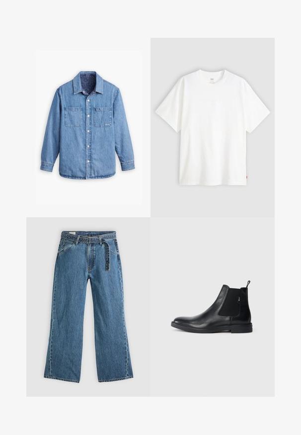 Denim krekls ar gaiši zilu krāsu, priekšējā pogu aizdare, divi krūšu kabatas un rakstaina tumši zila iekšējā oderējuma. Iekļauts apkakle.; Balta īslaicīga T-krekla ar īsām piedurknēm, kas izgatavots no kokvilnas, ar apaļu kakla izgriezumu. Priekšpusē ir smalks reljefs ar logotipu un sarkans birka apakšmalā.; Zilas džinsa platās kājas bikses ar pievienotu jostu, priekšējām kabatām un redzamiem šuvumiem uz vienkārša gaiša fona.; Melni ādas Čelsijas zābaki ar elastīgām sānu paneļiem, vilkšanas cilpu un plakanu gumijas zoli. Gluda tekstūra ar minimālu apdari.