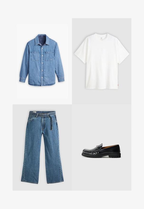 Denim krekls ar gaiši zilu krāsu, priekšējā pogu aizdare, divi krūšu kabatas un rakstaina tumši zila iekšējā oderējuma. Iekļauts apkakle.; Balta īslaicīga T-krekla ar īsām piedurknēm, kas izgatavots no kokvilnas, ar apaļu kakla izgriezumu. Priekšpusē ir smalks reljefs ar logotipu un sarkans birka apakšmalā.; Zilas džinsa platās kājas bikses ar pievienotu jostu, priekšējām kabatām un redzamiem šuvumiem uz vienkārša gaiša fona.; Melna ādas mokasīna ar noapaļotu purngalu, dekoratīvu šuvju un metāliski spīdīgu akcentu priekšā; gumijas zole ar saķeres rakstu.