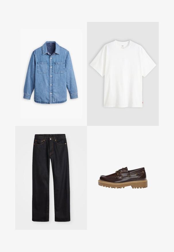 Traper košulja svijetloplave boje, s prednjim kopčanjem na dugmad, dva džepa na prsima i uzorkastim tamnoplavim unutarnjim podstavom. Ima ovratnik.; Bijela kratka majica od pamuka s okruglim izrezom. Sadrži suptilni reljefni logo detalj sprijeda i crvenu oznaku na rubu.; Muške traperice ravnog kroja, crne boje, s pet džepova i narančastim šavovima, sa zatvaranjem na dugme i patentni zatvarač na prednjem dijelu struka.; Smeđe kožne brodske cipele s teksturiranom površinom, ukrašene zlatnim metalnim detaljima, debelim tamno smeškim gumiranim đonom i klasičnom vezicom.