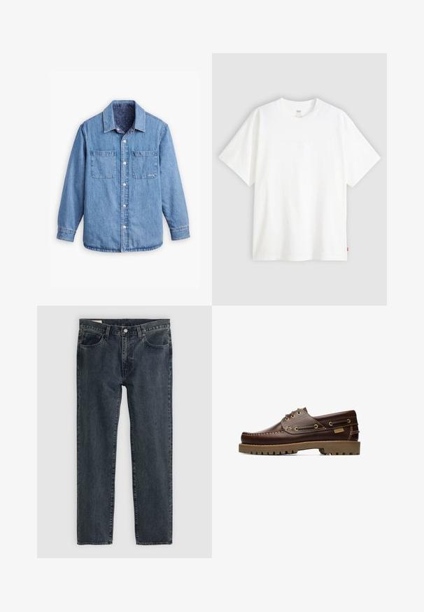 Džinsinė marškiniai šviesiai mėlynos spalvos, su priekyje esantiems mygtukų užtrauktukams, dviem krūtinės kišenėms ir raštuota tamsiai mėlyna vidine pamušalu. Turi apykaklę.; Baltas trumpas rankovės marškinėlis, pagamintas iš medvilnės, su apvalia iškirpte. Priekyje yra subtilus iškilus logotipas ir raudonas etiketas ant apačios.; Tamsiai mėlynos džinsinės kelnės su tiesioginiu kirpimu, penkiais kišenėmis ir mygtukų uždarymu. Audinys rodo subtilų išblukimą ir tekstūrą.; Rudas odinis laivų batelis su raišteliais, siuvinėtais detalėmis ir storu guminėmis padais, matomas iš šono.