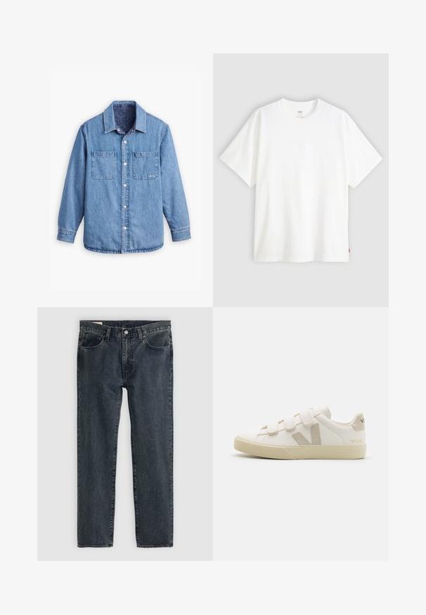 Traper košulja svijetloplave boje, s prednjim kopčanjem na dugmad, dva džepa na prsima i uzorkastim tamnoplavim unutarnjim podstavom. Ima ovratnik.; Bijela kratka majica od pamuka s okruglim izrezom. Sadrži suptilni reljefni logo detalj sprijeda i crvenu oznaku na rubu.; Tamno plave traperice s ravnim nogavicama, pet džepova i zatvaranjem na dugme. Tkanina pokazuje suptilno blijeđenje i teksturu.; Bijele kožne tenisice s čičak trakama, bež naglascima, zaobljenim vrhom, teksturiranom gumenom potplatom i ugraviranim logotipom. Minimalistički dizajn.