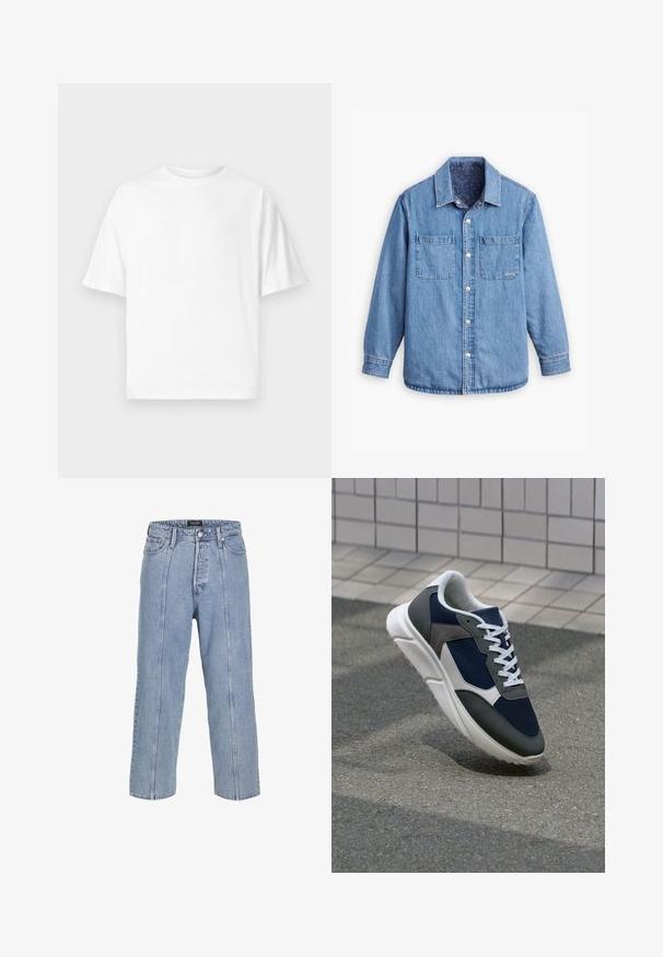 Világoskék színű farmering, elöl gombos záródással, két mellzsebbel és mintás sötétkék belső béléssel. Gallér található rajta.; Fehér póló rövid ujjakkal, környakú fazonnal és laza illeszkedéssel. Simogatós pamut anyagból készült, látható minták vagy logók nélkül.; Világoskék farmernadrág laza fitte, széles szárakkal és látható varrási részletekkel. Gombos és cipzáras záródással, öt zsebével rendelkezik.; Cipő, amelynek sötétkék hálós felsőrésze, szürke velúr díszítései, fehér gumitalpa és lapos fehér fűzője van, a kényelem és a légáteresztő képesség érdekében tervezve.