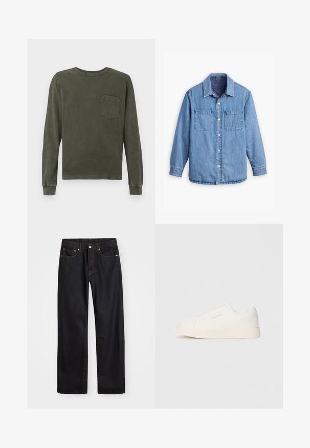 Világoskék színű farmering, elöl gombos záródással, két mellzsebbel és mintás sötétkék belső béléssel. Gallér található rajta.; Hosszúujjú ing sötét olíva zöld színben, puha anyagból készült, kerek nyakkal és mellzsebbel rendelkezik. Sima tapintású, laza fazonú.; Férfi egyenes szabású fekete farmernadrág öt zsebbel és narancssárga varrással, gombos és cipzáros záródással elöl.; Fehér slip-on sportcipők texturált felülettel, vastag talppal és minimalista dizájnnal. Az oldalon a márka logója található.