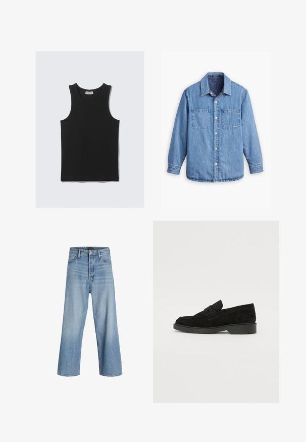 Denim overhemd in een lichtblauwe kleur, met een knoopsluiting aan de voorkant, twee borstzakken en een gedessineerde donkerblauwe voering. Heeft een kraag.; Zwarte katoenen tanktop met een geribbelde textuur, voorzien van een ronde halslijn en brede armsgaten. Etiket zichtbaar bij de hals.; Lichtblauwe wijdvallende jeans van denim, met een hoge taille, klassieke vijf-pocketontwerp en knoopsluiting met ritssluiting.; Zwarte suède instappers met een lage hak, voorzien van een eenvoudige band over de bovenkant en een gestructureerd detail langs de zijkanten.