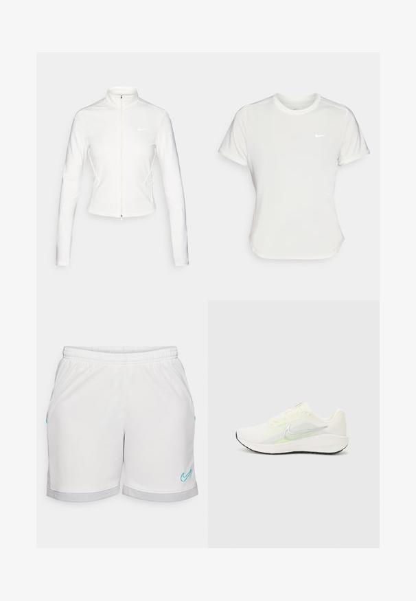 Balta jaku ar rāvējslēdzēju, izgatavota no gludas, elastīgas auduma. Tam ir garas piedurknes, augsts apkakle, un atstarojoši logotipa akcenti uz krūšu daļas un piedurknēm.; Nike t-krekls baltā krāsā, īsām piedurknēm, ar apaļu kakla izgriezumu, izgatavots no gludas, vieglas auduma. Uz krūtīm ir diskreta logo.; Baltie sporta šorti ar elastīgu jostu, ar tirkīza akcentiem un pelēku acs apakšmalu. Gluda auduma tekstūra, taisna piegriezuma.; Nike Performance DOWNSHIFTER 13 - Apavi skriešanai pa asfaltu - sail/silver-coloured photon dust/summit white/barely volt/black