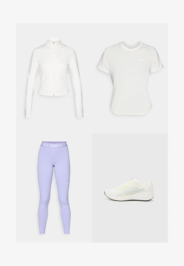 Biała kurtka z zamkiem błyskawicznym, wykonana z gładkiego, elastycznego materiału. Posiada długie rękawy, wysoki kołnierz oraz odblaskowe akcenty z logo na klatce piersiowej i rękawach.; Koszulka Nike w kolorze białym, z krótkimi rękawami, okrągłym dekoltem, wykonana z gładkiego, lekkiego materiału. Posiada subtelne logo na piersi.; Jasnofioletowe legginsy o dopasowanym kroju. Pas zawiera biały napis "PRO NIKE". Gładki materiał z minimalną ilością szwów i eleganckim wzornictwem.; Nike Performance DOWNSHIFTER 13 biały