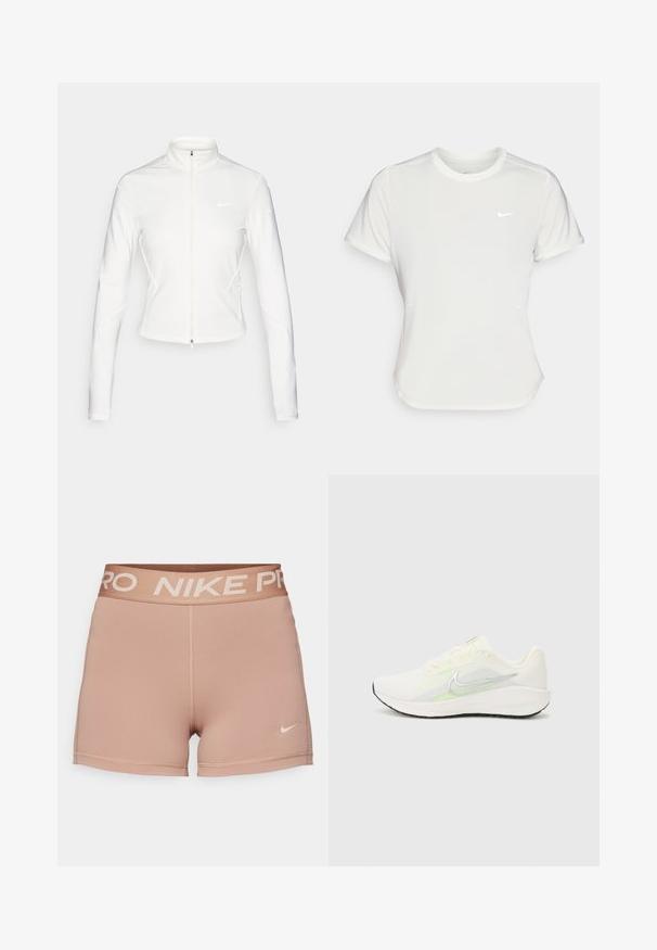 Valge tõmblukuga jakk, mis on valmistatud siledast, elastsetest materjalidest. Omab pikki varrukaid, kõrget krae ja peegeldavaid logofekte rinnal ja varrukatel.; Nike T-särk valgetes toonides, lühikeste varrukatega, ümar kaelus, valmistatud siledast ja kergest kangast. Rinnal on peene logo.; Nike Pro lühikesed püksid, heleda tan värvusega, elastne vöökoht, millel on "NIKE PRO" beežil kirjas, sile tekstuuriga kangas, keha lähedane disain, minimaalne õmbluse detail.; Nike Performance DOWNSHIFTER 13 - Maanteejooksu jalatsid - sail/silver-coloured photon dust/summit white/barely volt/black