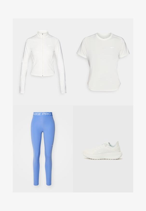 Hvit zip-up jakke laget av glatt, stretchy stoff. Har lange ermer, høy krage og reflekterende logo-detaljer på brystet og ermene.; Nike T-skjorte i hvit, kortermet, rund hals, laget av et glatt og lett materiale. Har en subtil logo på brystet.; Nike Pro leggings, ensfarget lys blå, elastisk liv med hvit "NIKE PRO" tekst, glatt tekstur, tettsittende design.; Hvite sportsko med teksturert overdel, polstret krage og snøring. Har en buet såle og subtil merkevare på siden.