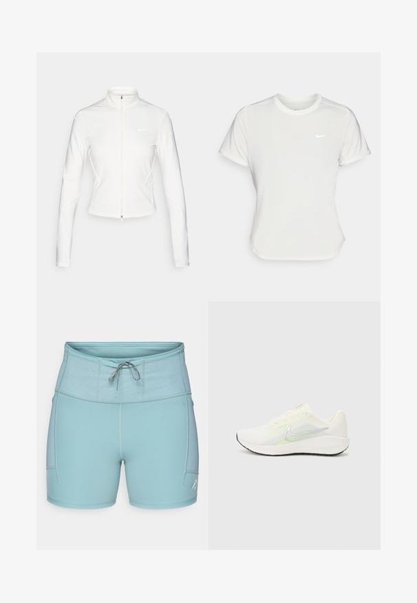 Bílá zippová bunda vyrobená z hladkého, elastického materiálu. Obsahuje dlouhé rukávy, vysoký límec a reflexní logo na hrudi a rukávech.; Bílá Nike tričko s krátkými rukávy, kulatým výstřihem, vyrobené z hladké, lehké tkaniny. Obsahuje decentní logo na hrudi.; Světlomodré sportovní šortky se širokým elastickým pasem, stahovací šňůrkou a bočními kapsami. Hladká tkanina s plochými švy pro pohodlí.; Nike Performance DOWNSHIFTER 13 - Silniční běžecké boty - sail/silver-coloured photon dust/summit white/barely volt/black
