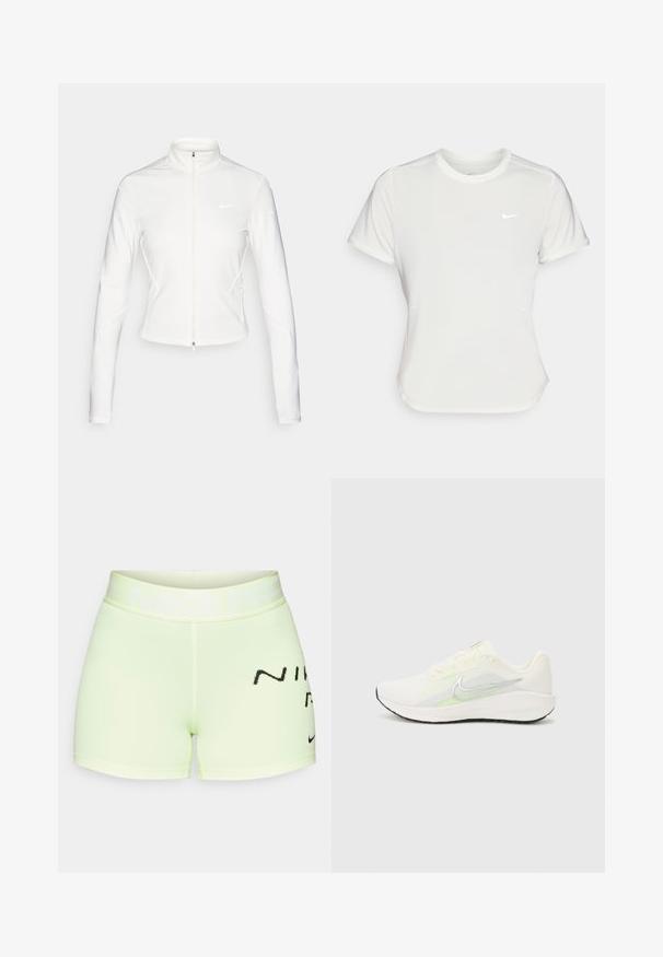 Hvit zip-up jakke laget av glatt, stretchy stoff. Har lange ermer, høy krage og reflekterende logo-detaljer på brystet og ermene.; Nike T-skjorte i hvit, kortermet, rund hals, laget av et glatt og lett materiale. Har en subtil logo på brystet.; Lys grønne treningsshorts laget av elastisk stoff, med en bred linning med "NIKE PRO"-tekst og et svart logoakcent.; Nike Performance DOWNSHIFTER 13 - Løpesko for vei - sail/silver-coloured photon dust/summit white/barely volt/black