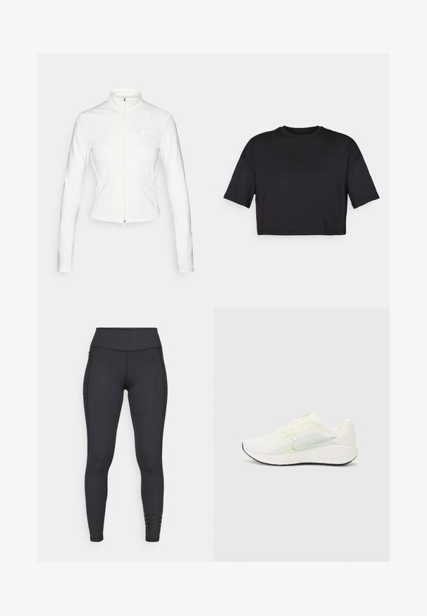 Giacca bianca con zip realizzata in un tessuto morbido e elastico. Presenta maniche lunghe, colletto alto e dettagli riflettenti del logo sul petto e sulle maniche.; T-shirt nero cropped realizzato in tessuto morbido, con scollatura rotonda e maniche corte e larghe, dal design semplice e senza cuciture.; Leggings neri realizzati in materiale elasticizzato, con una vita alta, un design elegante e dettagli a strisce vicino alla caviglia.; Nike Performance DOWNSHIFTER 13 - Scarpe da corsa su strada - sail/silver-coloured photon dust/summit white/barely volt/black