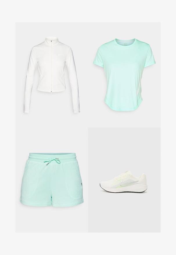 Hvit zip-up jakke laget av glatt, stretchy stoff. Har lange ermer, høy krage og reflekterende logo-detaljer på brystet og ermene.; Mintgrønn treningstrøye med korte ermer, glatt stoff med rund hals og en subtil Nike-logo på siden. Lidt buet nederkant.; Mintgrønne shorts lavet af blødt materiale, med elastisk talje, to sidelommer og diskrete syningsdetaljer.; Nike Performance DOWNSHIFTER 13 - Løpesko for vei - sail/silver-coloured photon dust/summit white/barely volt/black