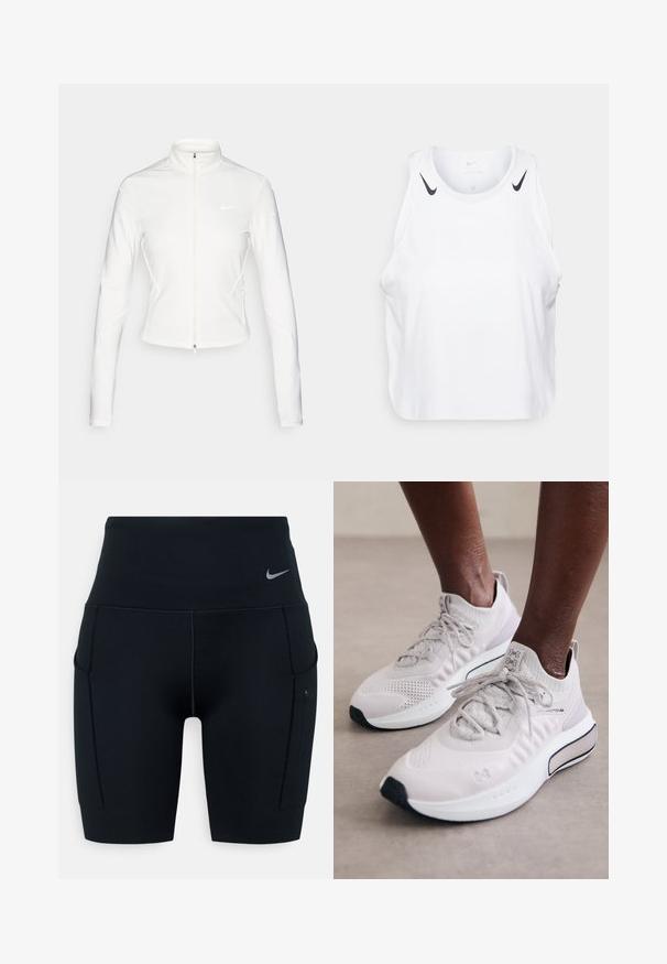 Balta užtrauktuką turinti striukė, pagaminta iš lygaus ir tamprus audinio. Pasižymi ilgomis rankovėmis, aukšta apykakle ir atspindinčiais logotipo akcentais ant krūtinės ir rankovių.; Baltas be rankovių marškinėliai, pagaminti iš lengvos medžiagos, su juodais Nike logotipo akcentais ant pečių, apvaliu iškirpimu ir laisvu siluetu.; Juodos aukšto liemens sportinės šortai, pagaminti iš elastingos medžiagos; turi šonines kišenes ir mažą Nike logotipą ant juosmens.; Šviesiai pilki sportiniai bateliai su tekstūruotu mezginiu viršuje, paminkštintu padu ir juodais akcentais, sukurti komfortui ir našumui.