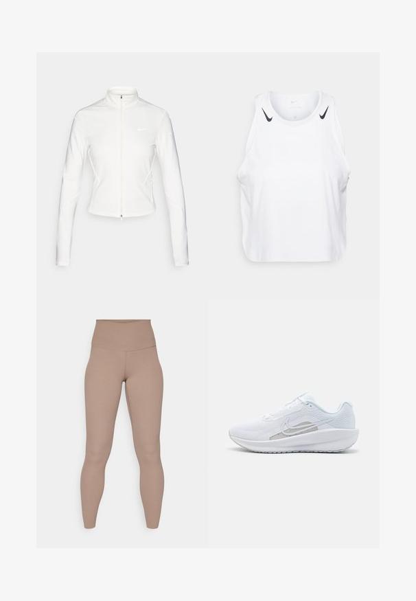 Fehér cipzáras dzseki sima, rugalmas anyagból. Hosszú ujjak, magas gallér és fényvisszaverő logó részletek találhatók a mellkason és az ujjakon.; Fehér ujjatlan trikó, könnyű anyagból készült, fekete Nike logóval a vállaknál, kerek nyakkivágással és laza fazonnal.; Beige színű sportleggings, magas, sima derékkal. Rugalmas anyagból készült, testhez simuló fazonja a bokáig ér.; Fehér sportcipő hálós felsőrésze, kerek orra és textúrált talpa van. Ezüst Nike logóval és minimalista dizájnnal rendelkezik.