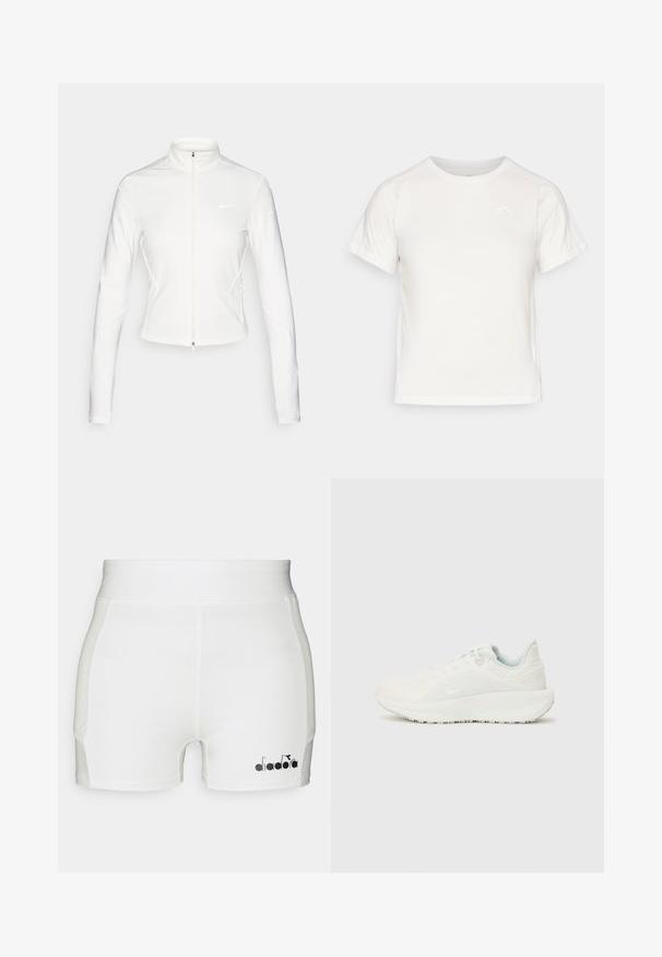Hvit zip-up jakke laget av glatt, stretchy stoff. Har lange ermer, høy krage og reflekterende logo-detaljer på brystet og ermene.; Lett, hvit T-skjorte med korte ermer, rund hals, og en liten logo i øvre venstre hjørne. Glatt stoff med en subtil glans.; Hvite treningsshorts med tettsittende design, laget av glatt stoff, med svart logo-detalj på nederste venstre side.; Hvite sportsko med teksturert overdel, polstret krage og snøring. Har en buet såle og subtil merkevare på siden.