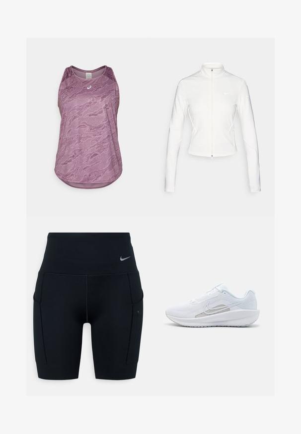 Hvit zip-up jakke laget av glatt, stretchy stoff. Har lange ermer, høy krage og reflekterende logo-detaljer på brystet og ermene.; ASICS ROAD ALL OVER TANK - Topper - dusty mauve; Svart høyverdig trening shorts laget av elastisk materiale; har sidelommer og en liten Nike-logo på midjen.; Hvit sportssko med mesh-overdel, rund tå og teksturert såle. Har en sølvfarget Nike swoosh og et minimalistisk design.