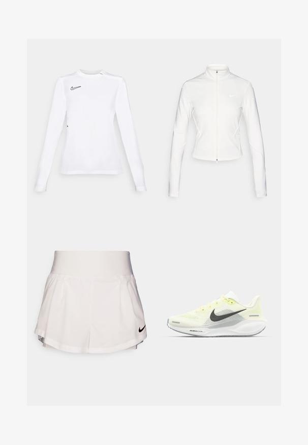 Valkoinen vetoketjullinen takki, joka on valmistettu sileästä ja joustavasta kankaasta. Ominaisuuksiin kuuluvat pitkät hihat, korkea kaulus ja heijastavat logokoristeet rinnassa ja hihoissa.; Pitkähihaisesta valkoisesta urheilupaidasta, joka on valmistettu hengittävästä kankaasta. Paidassa on musta Nike-swoosh-logo vasemmassa yläkulmassa. Sileä rakenne, istuva muoto.; Nike Performance SHORT - Urheilushortsit - white/black; Nike juoksukengät, joissa on vaaleankeltainen ja valkoinen verkko-osa, harmaita yksityiskohtia ja joustava kumipohja. Varusteet nauhakiinnityksellä.
