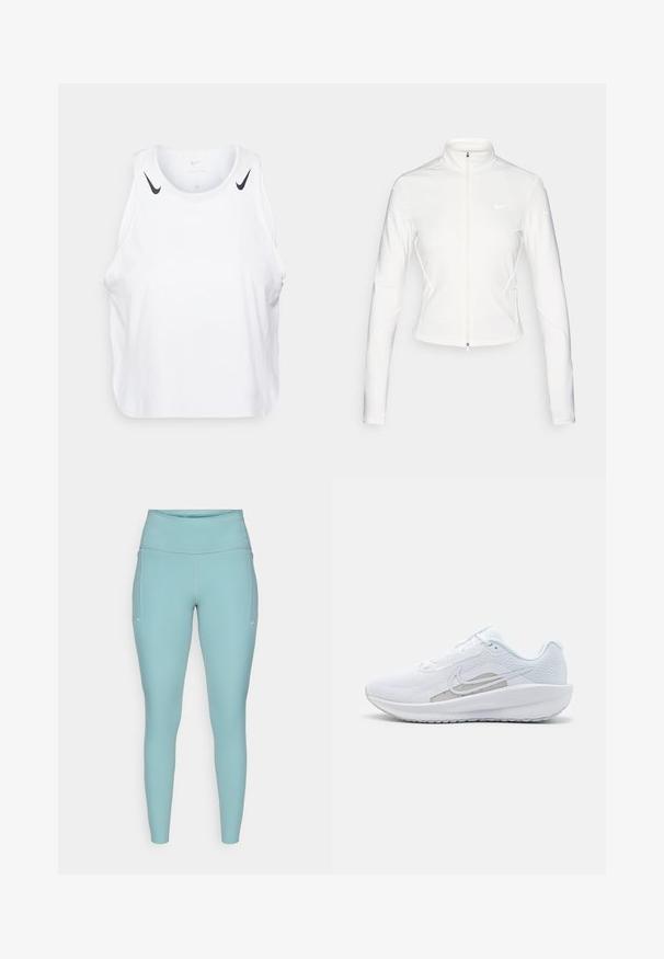 Biała kurtka z zamkiem błyskawicznym, wykonana z gładkiego, elastycznego materiału. Posiada długie rękawy, wysoki kołnierz oraz odblaskowe akcenty z logo na klatce piersiowej i rękawach.; Biała bezrękawnikowa koszulka wykonana z lekkiego materiału, z czarnymi akcentami logo Nike na ramionach, okrągłym dekoltem i luźnym krojem.; Jasnoniebieskie legginsy wykonane z elastycznego materiału, z wysokim pasem, bezszwowym wzornictwem i minimalnymi białymi akcentami po bokach.; Białe sportowe buty z siateczkową cholewką, zaokrąglonym noskiem i teksturowaną podeszwą. Posiadają srebrny logo Nike i minimalistyczny design.