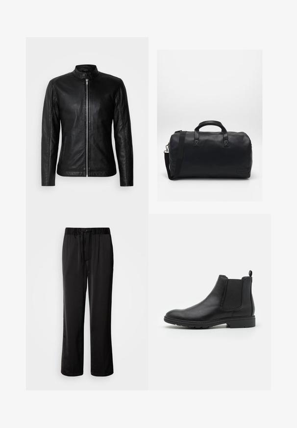 Schwarze Lederjacke mit Stehkragen, Frontreißverschluss, seitlichen Taschen und taillierter Passform. Glatte Textur und eleganter Finish.; Schwarzer Rollkragenpullover aus weichem Stoff. Mit langen Ärmeln, geripptem Kragen und Bündchen, hat eine glatte Textur und keine Muster.; Schwarze, weit geschnittene Hosen mit elastischem Bund und verstellbarem Kordelzug. Glattes Material mit seitlichen Nähten, keine Taschen.; Schwarze Leder Chelsea-Stiefel mit elastischen Seiteneinsätzen und einer Ziehschlaufe, runder Zehenform und strukturiertem Gummisohle.; Schwarze Duffel-Tasche aus strukturiertem Kunstmaterial. Verfügt über zwei Griffe und einen verstellbaren Schultergurt. Einfaches Design ohne sichtbare Muster.