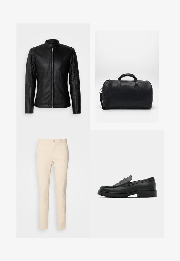 Schwarze Lederjacke mit Stehkragen, Frontreißverschluss, seitlichen Taschen und taillierter Passform. Glatte Textur und eleganter Finish.; Schwarzer Rollkragenpullover aus weichem Stoff. Mit langen Ärmeln, geripptem Kragen und Bündchen, hat eine glatte Textur und keine Muster.; Scotch & Soda ESSENTIAL MOTT - Chino - parchment; Schwarze Lederloafer mit runder Zehenform, ausgestattet mit einem gesteppten Design, niedrigem Plattformsohle und einer strukturierten, genoppten Gummisohle.; Schwarze Duffel-Tasche aus strukturiertem Kunstmaterial. Verfügt über zwei Griffe und einen verstellbaren Schultergurt. Einfaches Design ohne sichtbare Muster.
