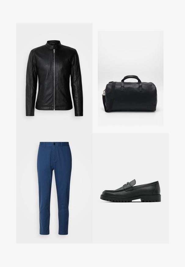 Sort læderjakke med opretstående krave, frontlynlås, sidelommer og tætsiddende design. Glat tekstur og elegant finish.; Sort tregnet trøje lavet af blødt stof. Har lange ærmer, ribbestrikket krave og manchetter, samt en glat overflade uden mønstre.; Mørkeblå bomuldsbukser med en glat tekstur, lige pasform og knaplukning i taljen. Uden synlige mønstre eller metaldele.; Sorte læder loafers med rund tå, der har et syet design, lav platformssål og en struktureret, skridsikker gummisål.; Sort duffel bag lavet af tekstureret syntetisk materiale. Har to håndtag og en justerbar skulderrem. Enkel design uden synlige mønstre.