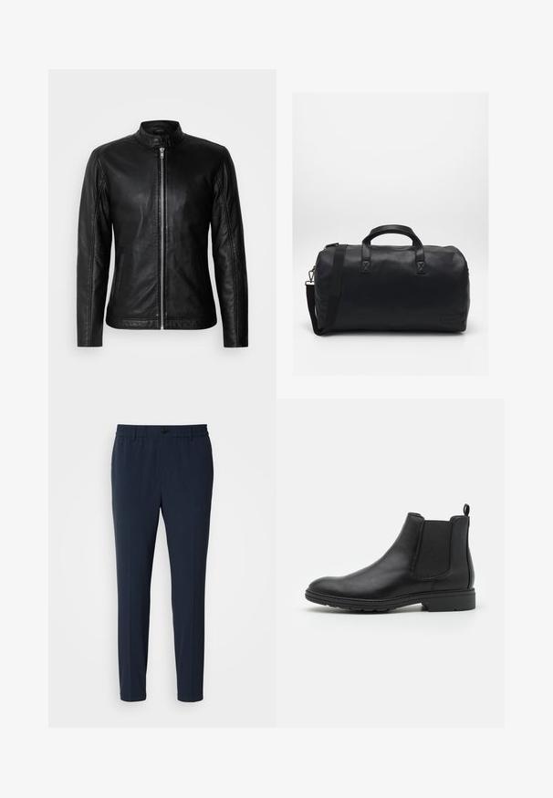 Sort læderjakke med opretstående krave, frontlynlås, sidelommer og tætsiddende design. Glat tekstur og elegant finish.; Sort tregnet trøje lavet af blødt stof. Har lange ærmer, ribbestrikket krave og manchetter, samt en glat overflade uden mønstre.; Mørkeblå, lige ben bukser med elastisk talje, der har en frontknaplukning og en glat stofstruktur.; Sort læder Chelsea-boot med elastiske sidepaneler og en løftestrop, der har en rund tå og en tekstureret gummisål.; Sort duffel bag lavet af tekstureret syntetisk materiale. Har to håndtag og en justerbar skulderrem. Enkel design uden synlige mønstre.