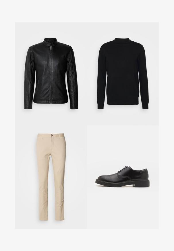 Sort læderjakke med opretstående krave, frontlynlås, sidelommer og tætsiddende design. Glat tekstur og elegant finish.; Sort pullovertrøje i blødt stof med høj hals og lange ærmer. Simpelt design, uden mønstre eller udsmykninger.; Beige bomuldsbukser med slim fit, der har en knaplukning, subtil tekstur og standardlommer. Enkelt design uden mønstre eller detaljer.; Sorte læder snørestøvle med rund tå, glat tekstur, minimal syning og lav gummihæl. Logo på hælen.