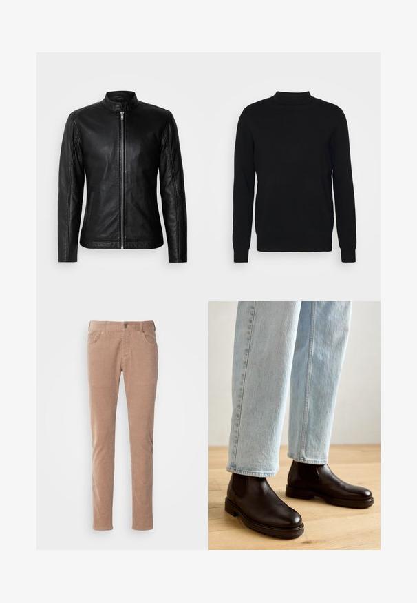 Black leather jacket with a stand-up collar, front zipper closure, side pockets, and fitted design. Smooth texture and sleek finish.; Black pullover sweater in soft fabric with a high neck and long sleeves. Simple design, no patterns or embellishments.; Light brown corduroy pants with a straight leg design, featuring two front pockets, a button closure, and a soft ribbed texture.; Brown leather chelsea boots with a smooth texture and thick rubber sole, paired with light blue straight-leg jeans.