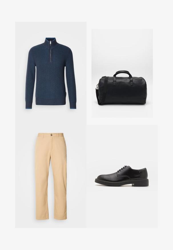 Schwarze Lederjacke mit Stehkragen, Frontreißverschluss, seitlichen Taschen und taillierter Passform. Glatte Textur und eleganter Finish.; Navyblauer Zip-Kragenpullover. Gerippte Textur, lange Ärmel, enganliegende Bündchen und ein kontrastierender Innenkragen. Hergestellt aus einem weichen, warmen Stoff.; Khaki Baumwollhosen mit geradem Beinschnitt, ausgestattet mit einem vorderen Knopfverschluss und Gürtelschlaufen. Glatte Textur und einfarbige Oberfläche.; Schwarzer Leder-Schnürschuh mit abgerundetem Zeh, glatter Textur, minimaler Naht und niedrigem Gummiabsatz. Logo auf der Ferse.; Schwarze Duffel-Tasche aus strukturiertem Kunstmaterial. Verfügt über zwei Griffe und einen verstellbaren Schultergurt. Einfaches Design ohne sichtbare Muster.