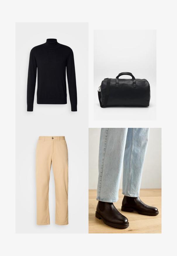 Black leather jacket with a stand-up collar, front zipper closure, side pockets, and fitted design. Smooth texture and sleek finish.; Black turtleneck sweater made of soft fabric. Features long sleeves, ribbed collar and cuffs, with a smooth texture and no patterns.; Khaki cotton trousers with a straight-leg design, featuring a front button closure and belt loops. Smooth texture and plain surface.; Brown leather chelsea boots with a smooth texture and thick rubber sole, paired with light blue straight-leg jeans.; Black duffel bag made of textured synthetic material. Features two handles and an adjustable shoulder strap. Simple design with no visible patterns.