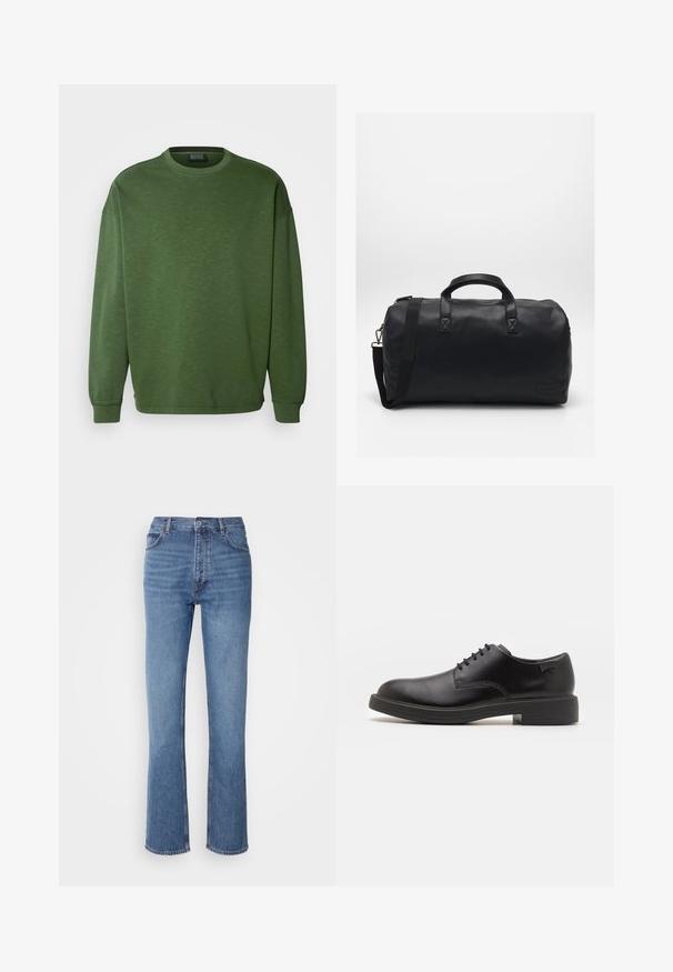 Schwarze Lederjacke mit Stehkragen, Frontreißverschluss, seitlichen Taschen und taillierter Passform. Glatte Textur und eleganter Finish.; Grüner Pullover mit rundem Ausschnitt, lockerer Passform und langen Ärmeln. Hergestellt aus einem strukturierten Stoff mit gerippten Bündchen und Saum.; Blaue Denim-Jeans mit hoher Taille, geradem Bein und dezenter Ausbleichung. Verfügt über einen klassischen Fünf-Taschen-Stil und einen Reißverschluss.; Schwarzer Leder-Schnürschuh mit abgerundetem Zeh, glatter Textur, minimaler Naht und niedrigem Gummiabsatz. Logo auf der Ferse.; Schwarze Duffel-Tasche aus strukturiertem Kunstmaterial. Verfügt über zwei Griffe und einen verstellbaren Schultergurt. Einfaches Design ohne sichtbare Muster.
