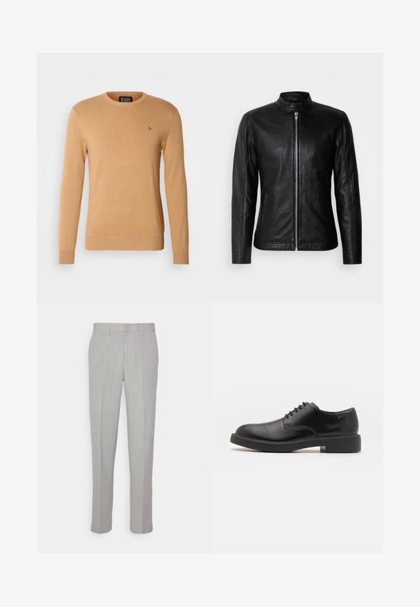 Schwarze Lederjacke mit Stehkragen, Frontreißverschluss, seitlichen Taschen und taillierter Passform. Glatte Textur und eleganter Finish.; Beige Rundhalspullover aus weichem Strickmaterial, mit langen Ärmeln und einem kleinen, auf der Brust gestickten Logo.; Hellgraue Hose mit glatter Textur, flachem Front und geraden Beinen. Aus atmungsaktivem Material gefertigt, mit Innentaschen und Gürtelschlaufen.; Schwarzer Leder-Schnürschuh mit abgerundetem Zeh, glatter Textur, minimaler Naht und niedrigem Gummiabsatz. Logo auf der Ferse.
