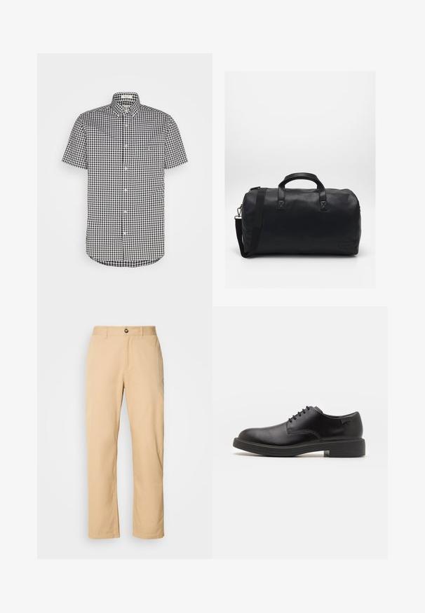 Giacca in pelle nera con collo rialzato, chiusura frontale con zip, tasche laterali e design aderente. Texture liscia e finitura elegante.; Camicetta a maniche corte con bottoni in tessuto a quadretti bianco e nero, materiale in cotone, colletto a punta e dettaglio della tasca sul petto.; Pantaloni in cotone khaki con design a gamba dritta, dotati di chiusura frontale con bottone e passanti per cintura. Tessuto liscio e superficie semplice.; Scarpa nera in pelle con lacci, punta tonda, texture liscia, cuciture minime e tacco in gomma basso. Logo sul tacco.; Borsa a secchiello nera realizzata in materiale sintetico testurizzato. Presenta due manici e una tracolla regolabile. Design semplice senza motivi visibili.
