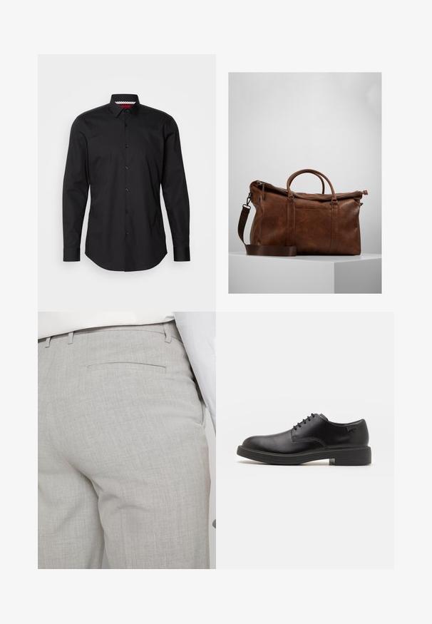 Zwarte leren jas met een staande kraag, ritssluiting aan de voorkant, zijzakken en een getailleerd ontwerp. Soepele textuur en een luxe afwerking.; Zwarte button-up shirt met lange mouwen, klassieke kraag en zichtbare knoopsluiting. De binnenkant van de kraag heeft een rode en witte patroondetail.; Lichtgrijze, op maat gemaakte broek van gestructureerde stof, met een enkele achterzak en nette stiksels.; Zwarte leren veterschoen met een ronde neus, een gladde textuur, minimale stiksels en een lage rubberen hak. Logo op de hak.; Bruine leren sporttas met een ritssluiting, dubbele handvaten, een verstelbare schouderband en zichtbare textuurpatronen op het oppervlak.