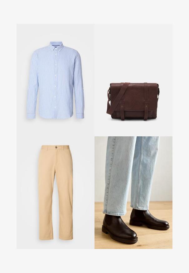 Black leather jacket with a stand-up collar, front zipper closure, side pockets, and fitted design. Smooth texture and sleek finish.; Light blue and white striped long-sleeve shirt with a button-down collar, featuring a front placket with white buttons and cuff accents.; Khaki cotton trousers with a straight-leg design, featuring a front button closure and belt loops. Smooth texture and plain surface.; Brown leather chelsea boots with a smooth texture and thick rubber sole, paired with light blue straight-leg jeans.; Brown leather messenger bag with a flat front flap, two straps, gold hardware accents, and an adjustable shoulder strap.