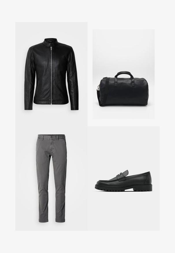 Chaqueta de cuero negro con cuello alzado, cierre frontal de cremallera, bolsillos laterales y diseño ajustado. Textura suave y acabado elegante.; Tres camisetas de cuello redondo en blanco, gris claro y negro. Hechas de algodón suave, con mangas cortas y un ajuste relajado.; Pantalones de algodón gris de corte slim con cierre de botón, bolsillos laterales y una textura suave. Presentan un diseño clásico y una silueta ajustada.; Mocasines de cuero negro con punta redonda, que cuentan con un diseño cosido, suela de plataforma baja y una suela de goma texturada y con tacos.; Bolsa de deporte negra hecha de material sintético texturizado. Cuenta con dos asas y una correa de hombro ajustable. Diseño sencillo sin patrones visibles.