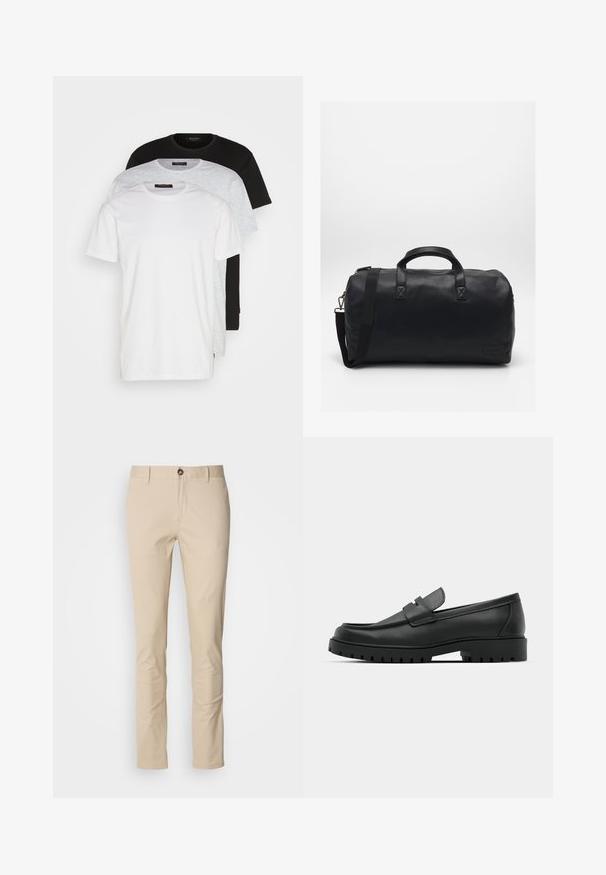 Veste en cuir noir avec un col montant, fermeture zippée sur le devant, poches latérales et design ajusté. Texture lisse et finition élégante.; Trois t-shirts à col rond en blanc, gris clair et noir. Fabriqués en coton doux, avec des manches courtes et une coupe décontractée.; Pantalon en coton beige avec une coupe slim, doté d'une fermeture à bouton, d'une texture subtile et de poches standard. Design uni, sans motifs ni accents.; Mocassins en cuir noir à bout arrondi, avec un design cousu, une semelle plateforme basse et une semelle en caoutchouc texturée et crantée.; Sac de sport noir en matériau synthétique texturé. Doté de deux poignées et d'une bandoulière réglable. Design simple sans motifs visibles.