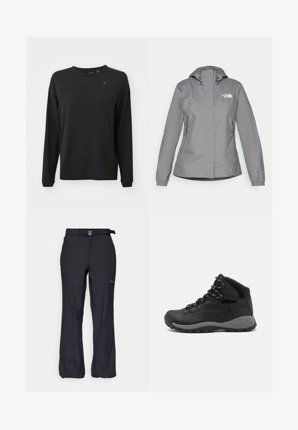 Grå vandtæt jakke med hætte, udstyret med elastiske manchetter, lynlåslommer på siden og et hvidt logo på venstre bryst. Glat overflade.; Sort langærmet skjorte med tekstureret stof, rund hals og et subtilt logo på brystet. Har en afslappet pasform og syet detaljer.; Sorte udendørsbukser med letvægtsstof, justerbar talje med bælte og to forlommer. Designet til komfort og funktionalitet.; Sort vandrestøvle med en mellem-højde design, der har en tekstureret overdel, grå detaljer og en holdbar gummisål med skridsikre klodser.